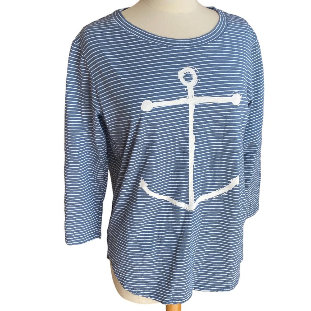 Fresh Produce Nautical Striped Anchor Top Blue 3/4 Sleeve Catalina Beachy-M